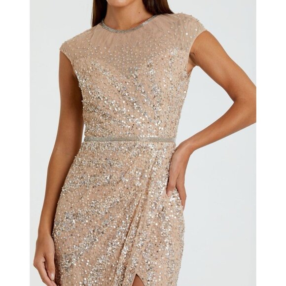 New Mac Duggal Size 8 Beige 5619 Embellished Illusion High Neck Cap Sleeve Gown - Picture 3 of 12